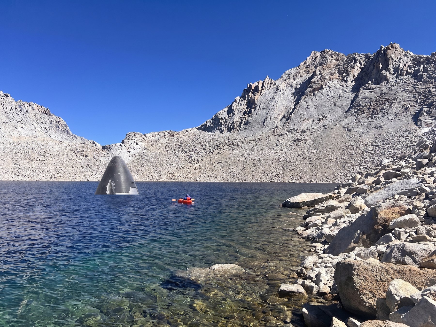 Photo composite: Falcon 9, Saturn V and Starship immersed at the deepest point of Tulainyo Lake, dwarfing the packrafter alongside