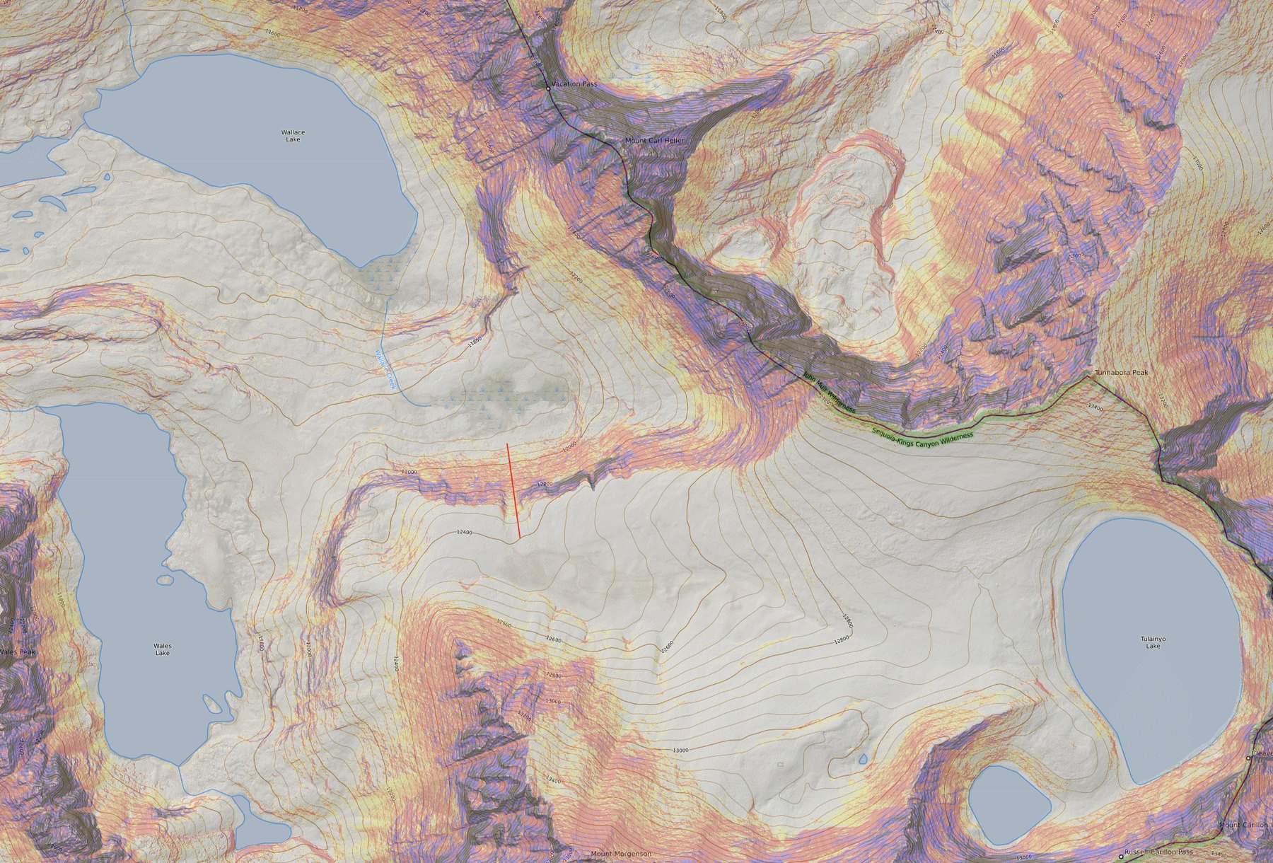 Slope-shaded topo of Wallace Lake and the Tulainyo basin, the access chute marked with a red line