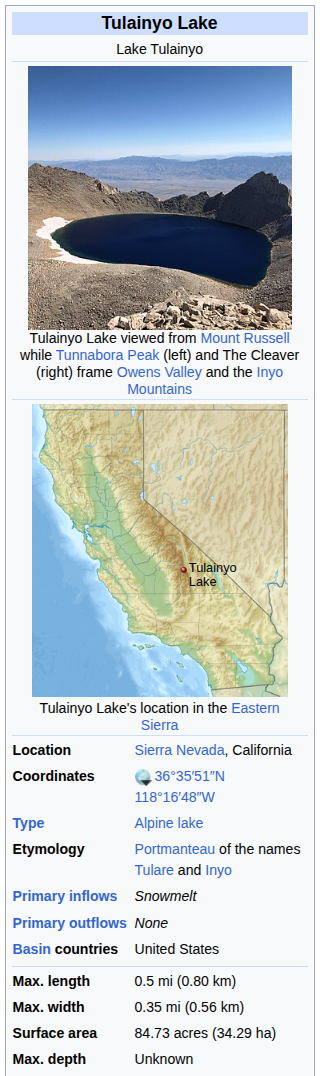 Wikipedia infobox for Tulainyo Lake — maximum depth listed as Unknown